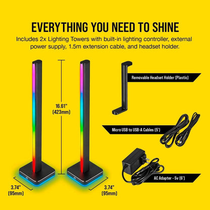 Corsair iCUE LT100 Smart Lighting Towers Starter Kit (Two 422 mm-Tall Towers with 46 Customizable LEDs Each, 11 Preset Lighting Profiles, Built-in Light Diffusion, Removable Headset Holder) Black