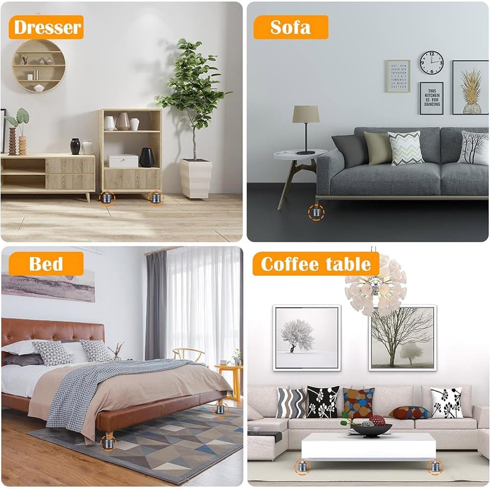 Niciksty Set of 4 Adjustable Metal Furniture Feet Height 23-42 mm, Bed Riser, Table Riser, Chair Riser, Sofa Riser, Silver
