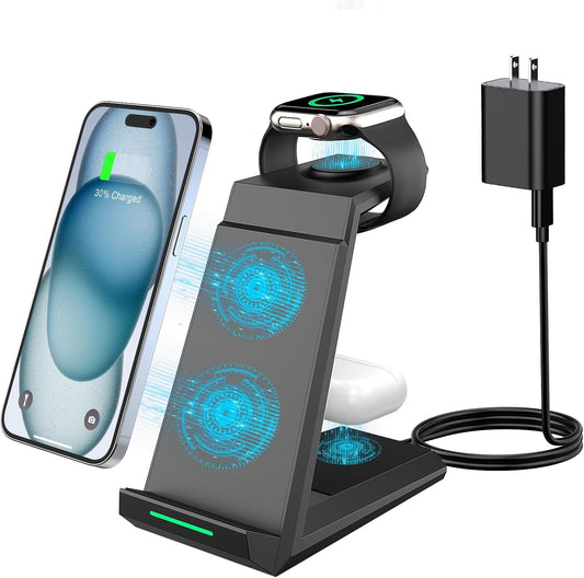 Wireless Charger for iPhone - ADADPU 3 in 1 Charger Station for iPhone 16 15 14 13 12 11 Pro Max XR XS 8 Plus, Wireless Charging Stand for Apple Watch 8/7/SE/6/5/4/3/2,AirPods Pro/3/2