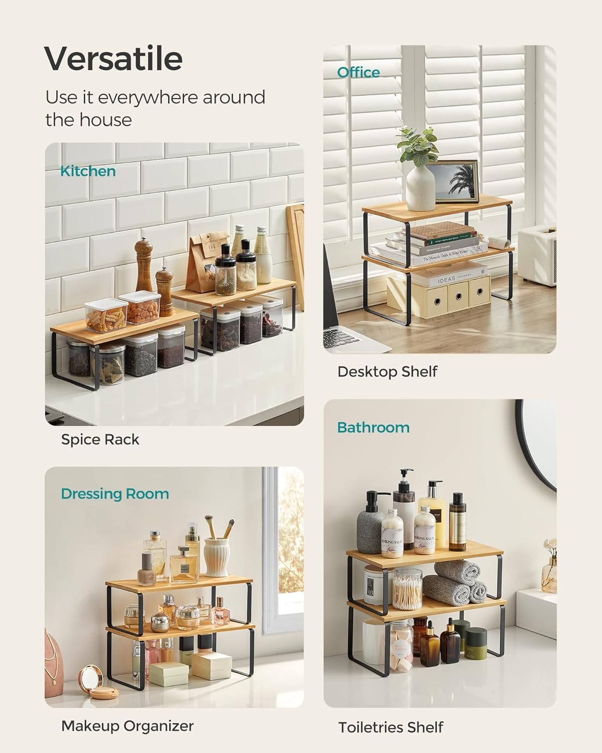 SONGMICS Cabinet Organizer Shelf, Set of 4 Kitchen Counter Shelves, Kitchen Storage, Spice Rack, Stackable, Expandable, Metal and Engineered Wood, Ink Black and Natural Beige UKCS210B01