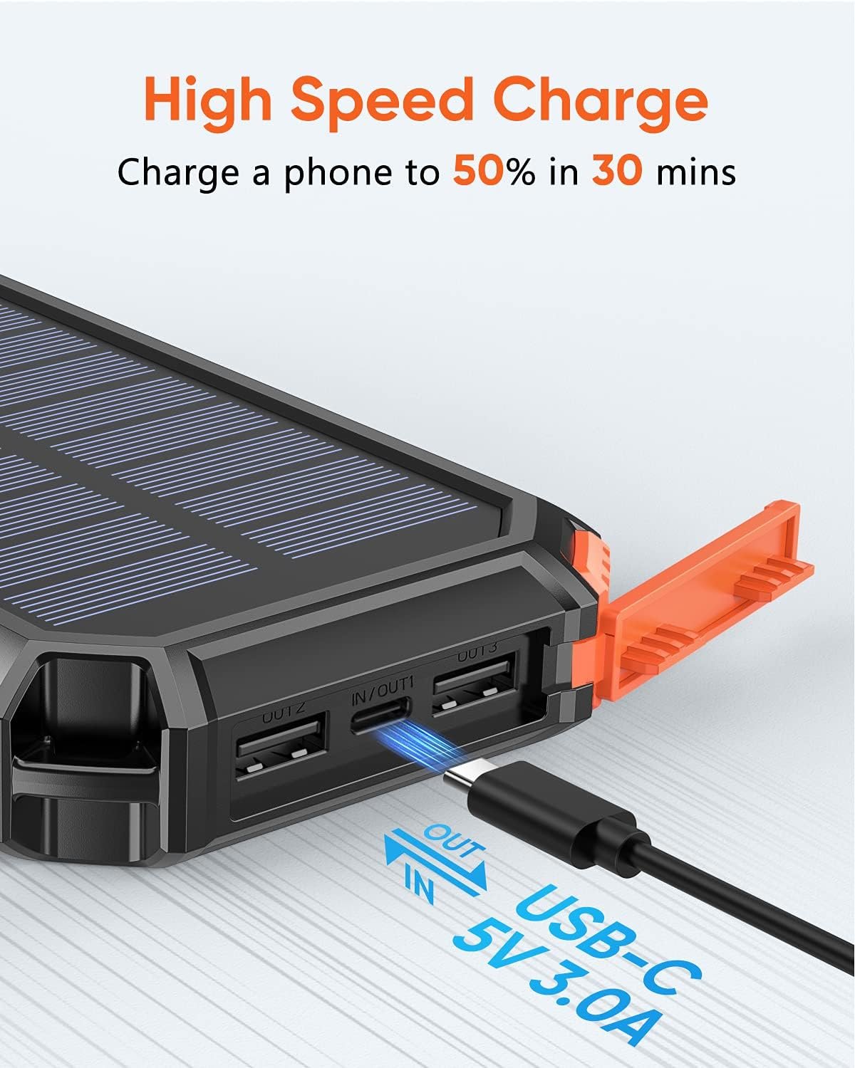 Riapow Solar Charger Power Bank - 27000mAh Portable Phone Charger with Built-in USB Cables 3.0A Fast Charge Battery Pack, 5 Outputs & 2 Inputs for Smartphone, Tablet