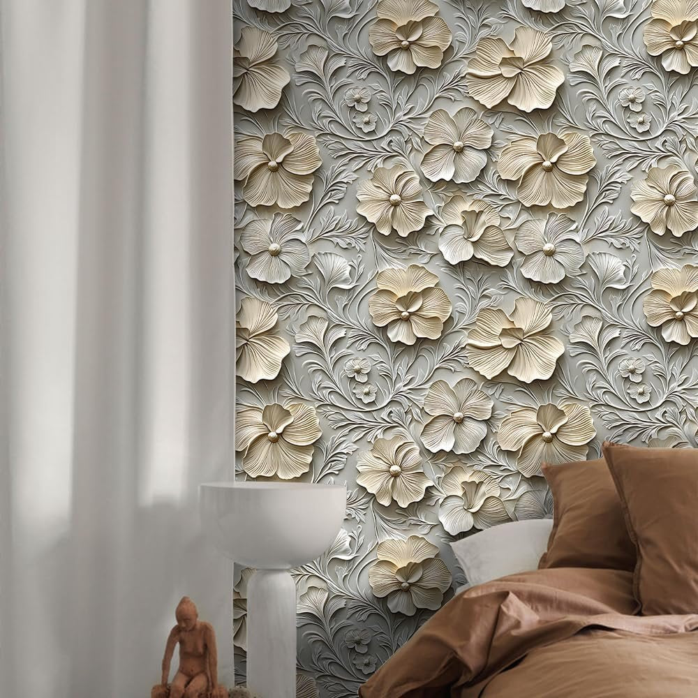 COKCOKR 3D Floral Peel and Stick Wallpaper,17.71"x236.2" Grain Floral and Leaves Self Adhesive Removable Texture Wallpaper for Bedroom Renter Friendly Contact Paper for Bedroom Bathroom Shelf Liner