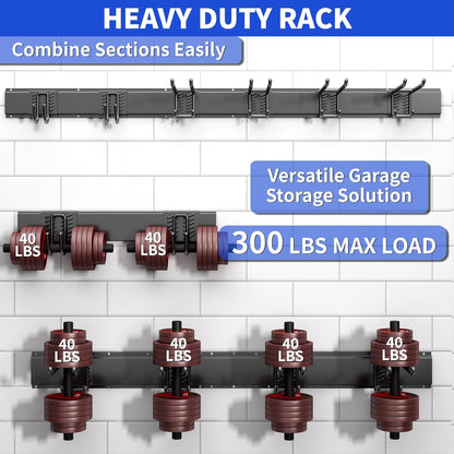 Garage Organization Tool Organizer Wall Mount, 48inch Heavy Duty Garden Tool Storage System, Easy Install With 6 Adjustable Hooks, For Home, Garage, Outdoor, Workshops (Black)