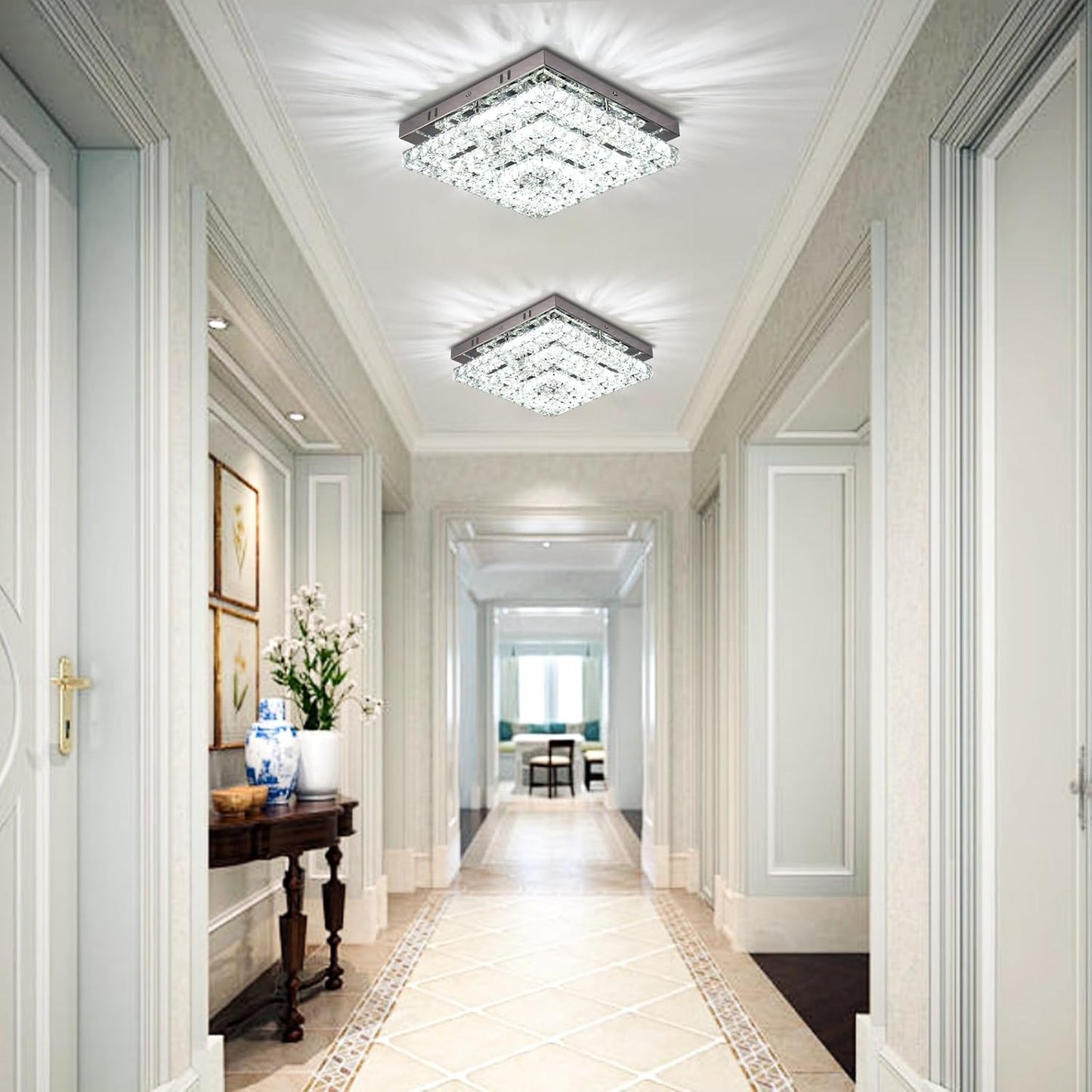 Cainjiazh 11.8 inch Crystal Chandelier LED Flush Mount Crystal Ceiling Light Modern Crystal Chandelier Square Ceiling Light for Bedroom Hallway Kitchen Office Without Remote Control