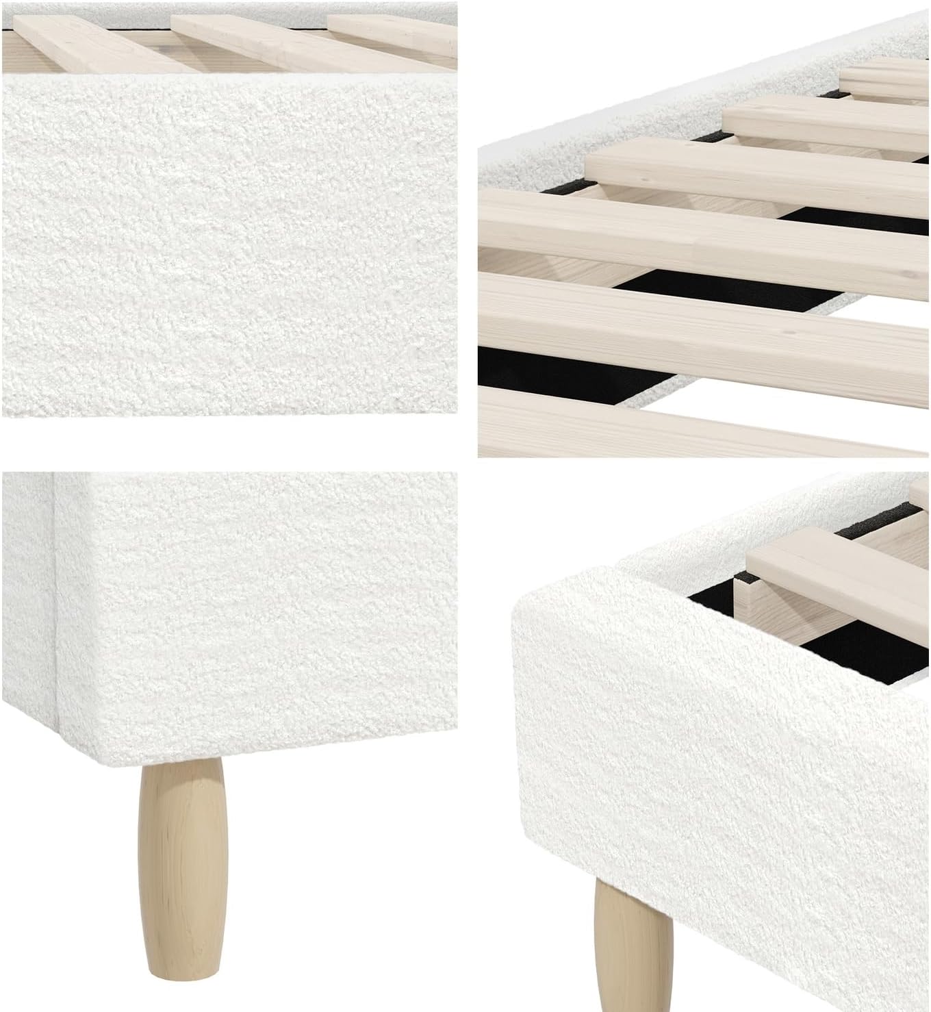 OIKITURE Bed Frame with Wooden Slats, Metal Bed Frame with Boucle Fabric Covers, Platform Bed Base King Size for Bedroom Home Decor, King Bed Frame Home Furniture