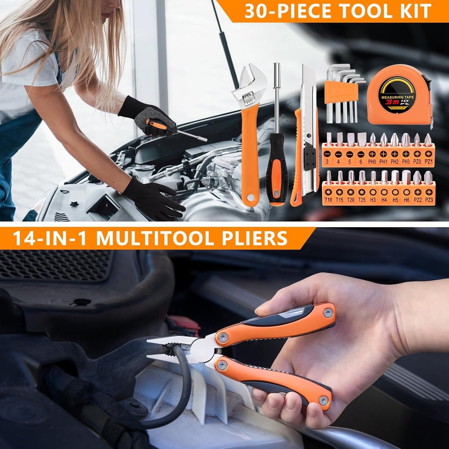 HLWDFLZ Car Emergency Kit - Portable Air Compressor, Roadside & Winter Travel Assistance, Safety Kit for Cars & Trucks (Orange)