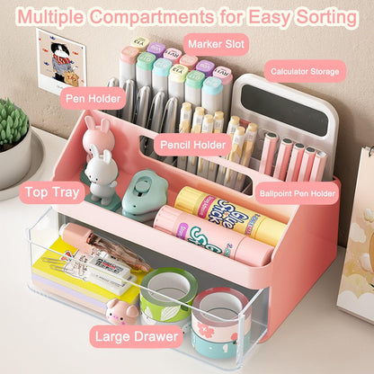 SAYEEC Desk Organizer Multi-Functional Desktop Makeup Stationery Accessories Organizer Desk Organization Storage Box Caddy for Office School Home Vanity Table (Pink with Handle)
