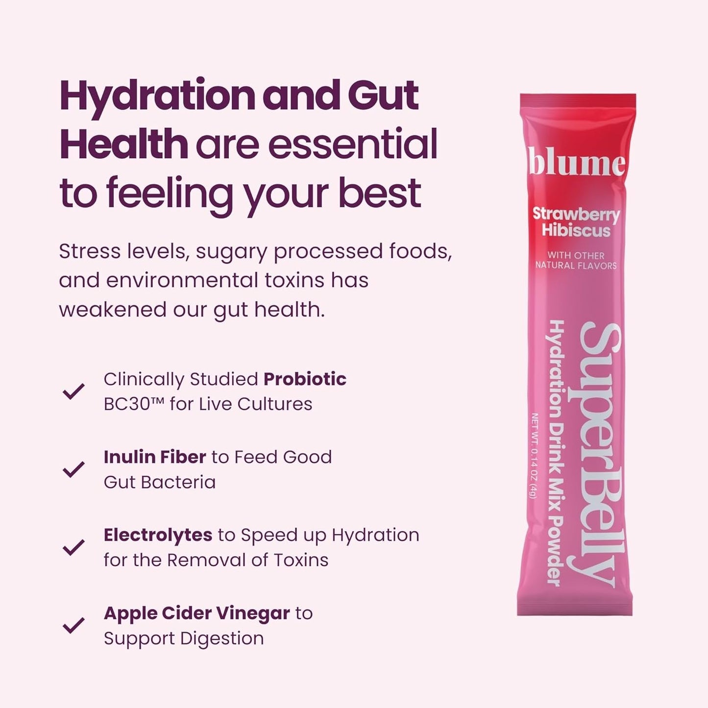 Blume SuperBelly Gut Health Hydration Packets, Made in Canada, Sugar-Free, with Prebiotics, Probiotics, Apple Cider Vinegar, and Electrolytes, Strawberry Hibiscus, 15 Sticks