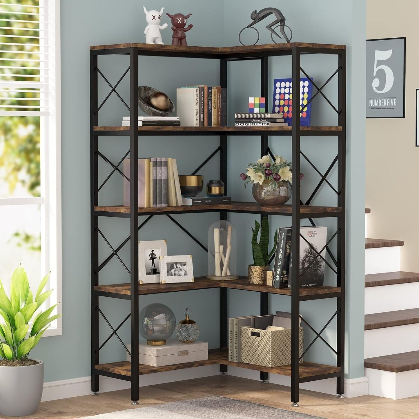 Tribesigns Corner Bookcase 5 Tier 80x80x167.5cm Large Modern Corner Bookcase 5 Tier Tall Display Shelves Metal Frame for Living Room Home Office (Hard Brown)