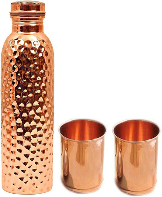 Pure Copper 1 Litre Water Bottle with 2 Copper Glass Drinkware Set (1000 ML Bottle, 300 ML Glass)