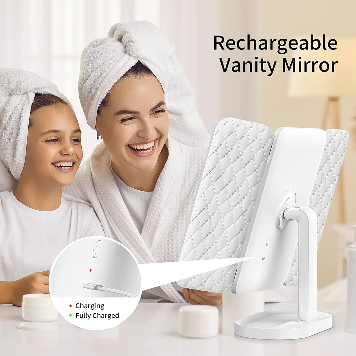 Leather Grain Lighted Vanity Makeup Mirror with 78 LED, Trifold Mirror with 3 Color Lighting Modes - Touch Control Design, 1x/2x/3x Magnification