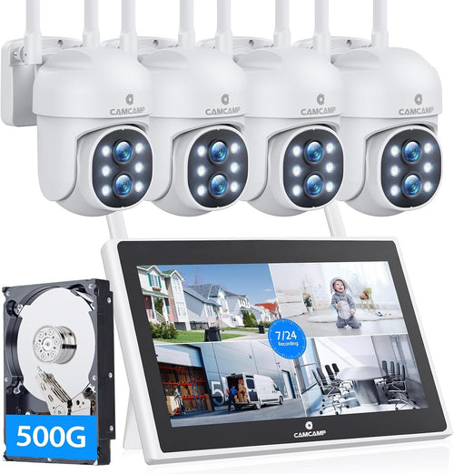 CAMCAMP Security Camera System, 10X Zoom Dual Lens Camera Kit with 10.1" LCD Monitor, 10 CH & Color Night Vision, Auto Tracking, 2-Way Audio, 500 GB HDD – Home Security Cameras Wireless Outdoor