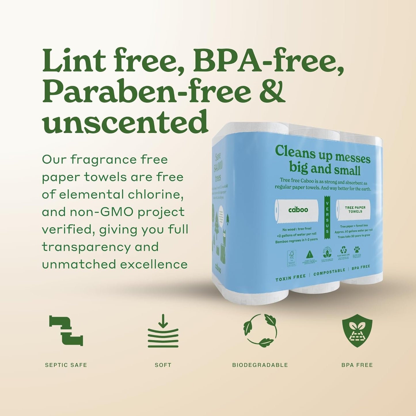 Caboo Tree Free Paper Towels, 6 Rolls, Earth Friendly Sustainable Kitchen Paper Towels with Strong 2 Ply Sheets