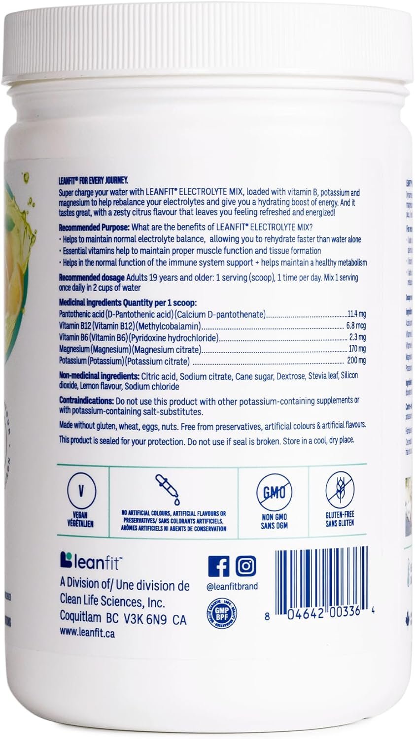 LEANFIT ELECTROLYTE MIX, Citrus Lemon, Electrolyte Hydration Powder Drink Mix, Non GMO, Vegan, Gluten-Free, 30 servings, 381g tub