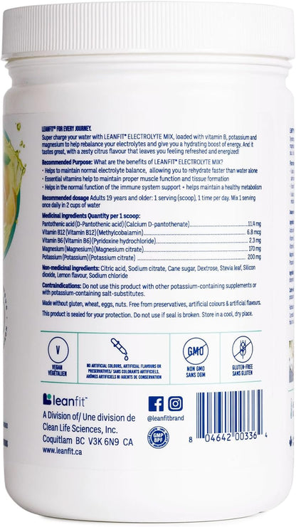 LEANFIT ELECTROLYTE MIX, Citrus Lemon, Electrolyte Hydration Powder Drink Mix, Non GMO, Vegan, Gluten-Free, 30 servings, 381g tub