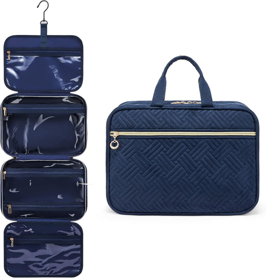 LOVEVOOK Women's Travel Toiletry Bag, Waterproof Makeup Bag Necessary High Capacity Travel Makeup Bag Useful Accessories with Hook, blue navy