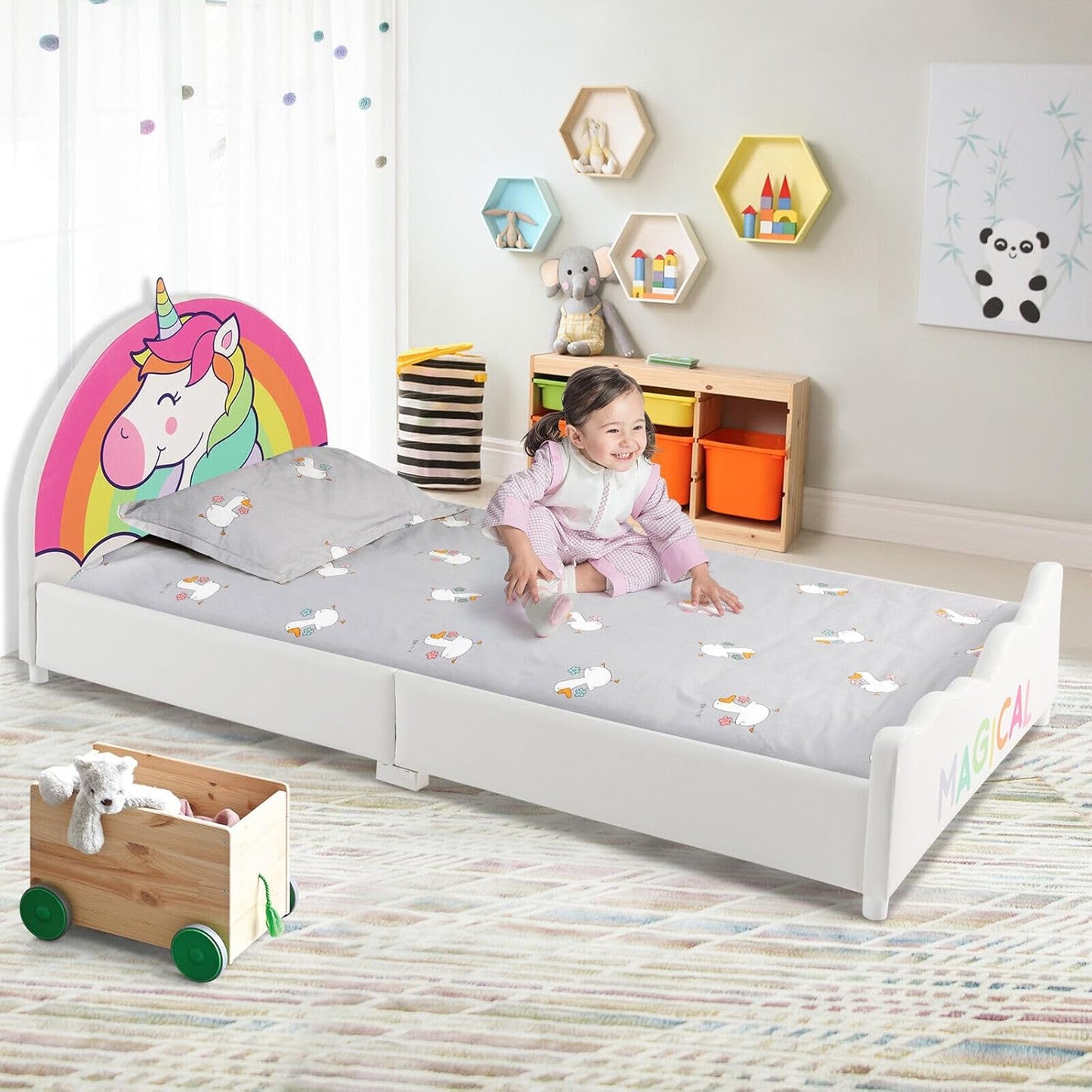 HONEY JOY Single Bed Frames for Kids, Wood Upholstered Twin Bed Platform with Slat Support, Padded Headboard & Footboard, Girls & Boys Bed for Over 3 Years Old, Fits Standard Twin Mattress (Rainbow)