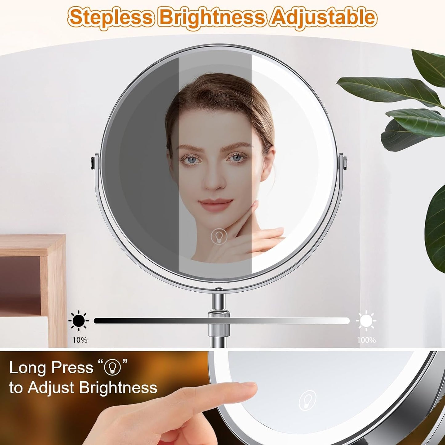 Lighted Makeup Mirror with Height Adjustable, 9” Rechargeable LED Magnifying Mirror with 3 Dimmable Colors, 1X 10X Double Sided Vanity Mirror with Lights, 360° Rotation Touch Screen Makeup Mirror