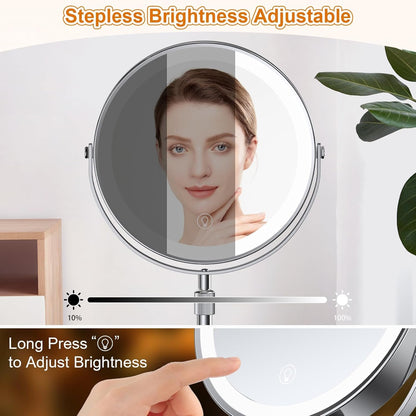 Lighted Makeup Mirror with Height Adjustable, 9” Rechargeable LED Magnifying Mirror with 3 Dimmable Colors, 1X 10X Double Sided Vanity Mirror with Lights, 360° Rotation Touch Screen Makeup Mirror