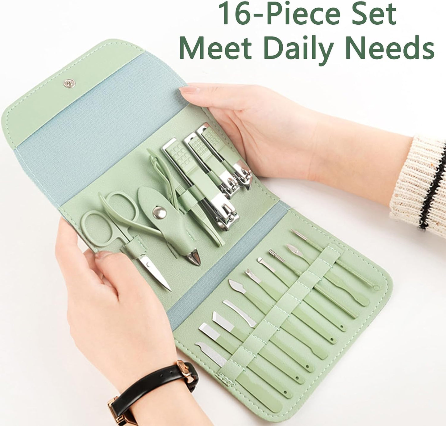 Toguma Manicure Set Nail Clippers Pedicure Kit 16 Pieces Stainless Steel Manicure Kit with Green Bag, Fingernail Toenail Clippers for Home Workplace Outdoor Travel (Green)