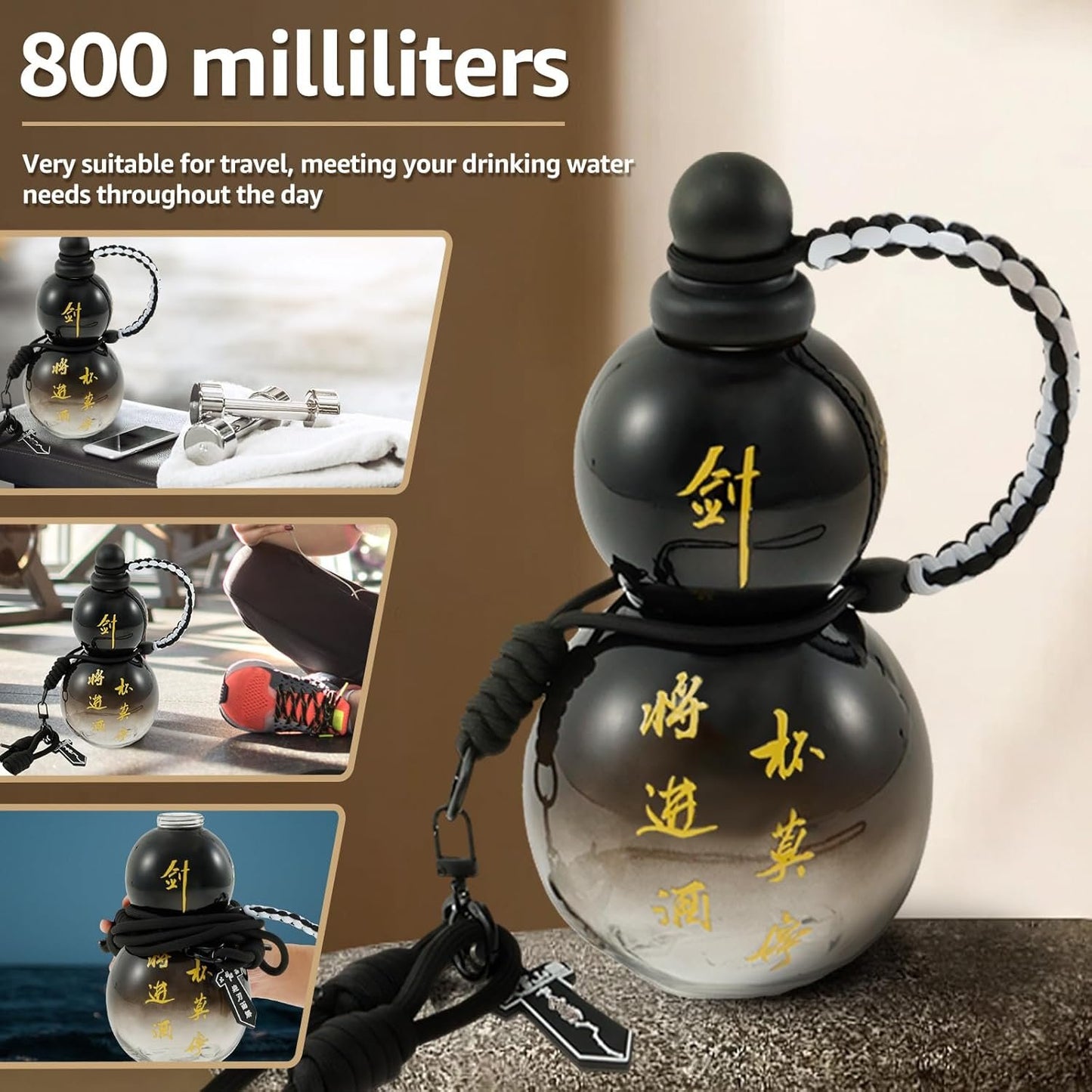 Gourd Water Bottle, 28oz Large Gourd Style Tritan Water Bottle, Drinking Gourd Bottle Gourd Drinking Cup Jug w Strap Waist Rope Cup Brush Charm DIY Sticker, Leak Proof Screw Top Sports Water Bottle