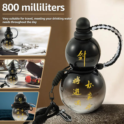 Gourd Water Bottle, 28oz Large Gourd Style Tritan Water Bottle, Drinking Gourd Bottle Gourd Drinking Cup Jug w Strap Waist Rope Cup Brush Charm DIY Sticker, Leak Proof Screw Top Sports Water Bottle