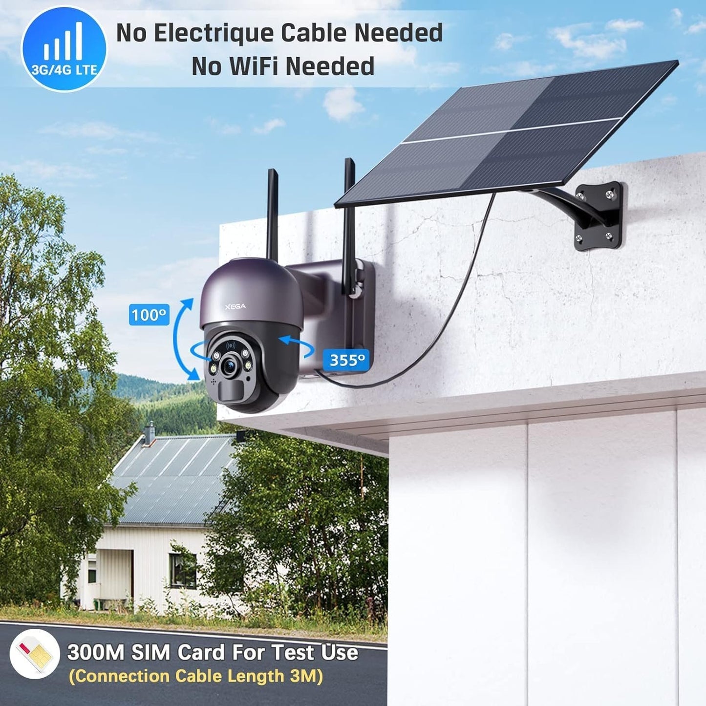 Xega 4G LTE Security Camera with 20W Solar Panel 20,000mAh Battery SIM Card Solar Powered Security Camera Outdoor Wireless, 2K HD Color Night Vision CCTV, PIR Detection, IP66 [Energy Class A+++]
