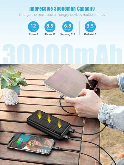 ZHAM 30000mAh Solar Power Bank, Portable Charger Solar Charger Power Bank with 2 USB Outputs, External Battery Pack for Outdoor Activities Compatible with iPhone 14/13/12, Sumsung Galaxy S23/S22 etc