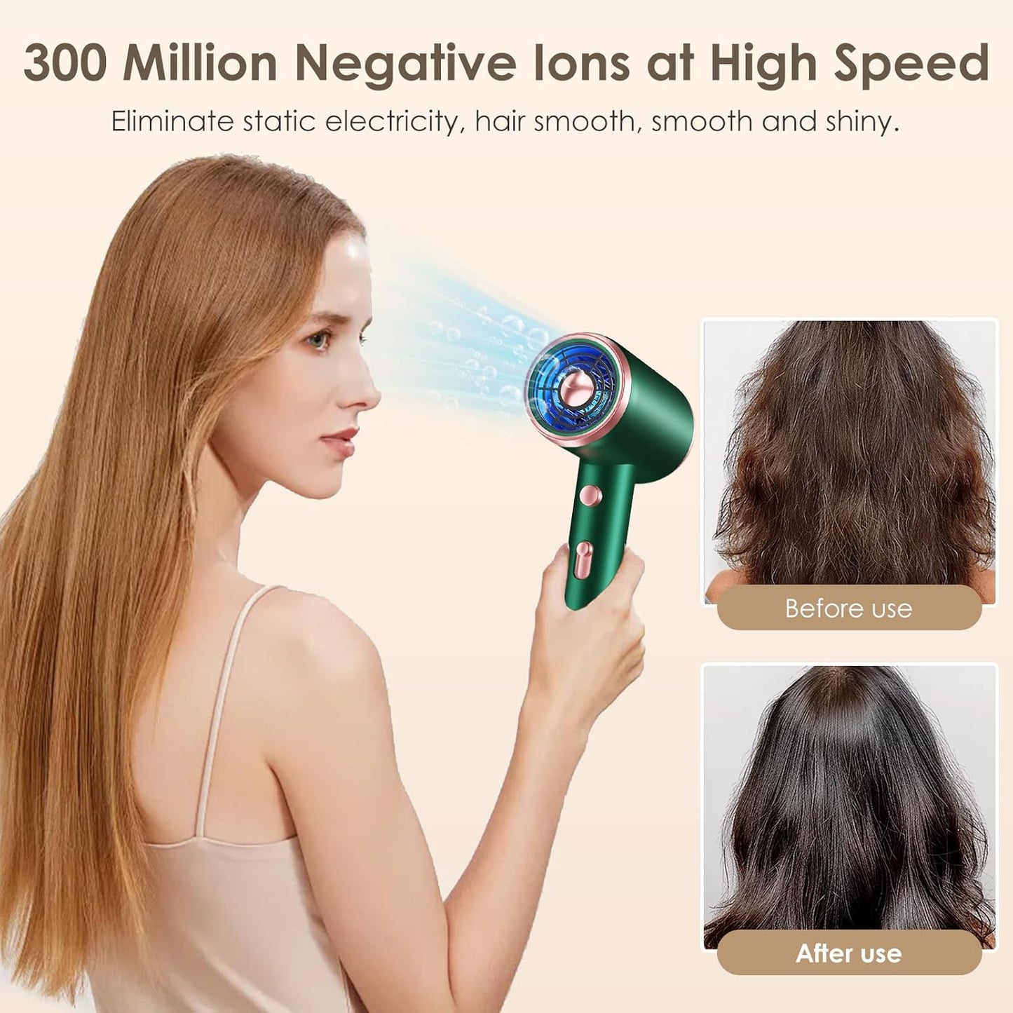Ionic Hair Dryer, Hair Towel, Folding Comb, Folding Brush, Hair Towels, Hair Dryer with Hot/Cold Button, 3 Temperatures, 3 Speed, Shower Caps (Green)
