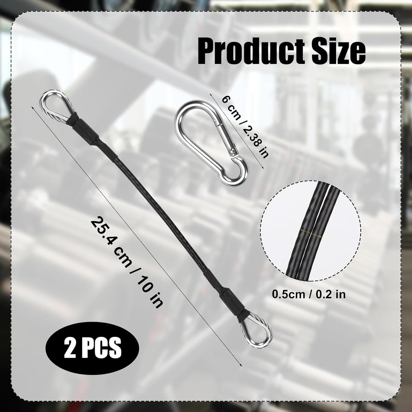 2pcs 10" Gym Extension Cable, Fitness Extension Rope Compatible with Bowflex, Home Gym Machine Accessories Replacement with Carabiner, for Leg Extension, LAT/Tricep Pull Down (1 Pair)