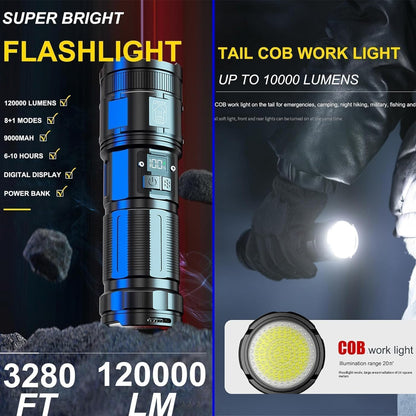 Fay Bless Super Bright 12000 Lumen Flashlight, USB Rechargeable Torch for Camping Hiking (Black 1211)