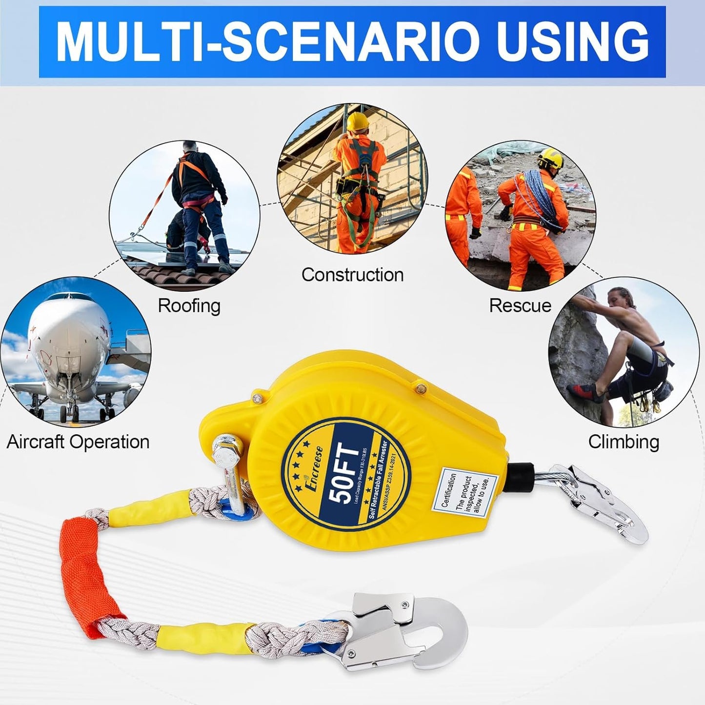 Encreese Self-Retractable Fall Arrester 50FT Double Locking Fall Arrest Protector Fall Protection Gear, Dual Alloy Steel PPE Shell Heavy Duty Hook Cable Wire Rope Roofing Lifeline Safety Lanyard