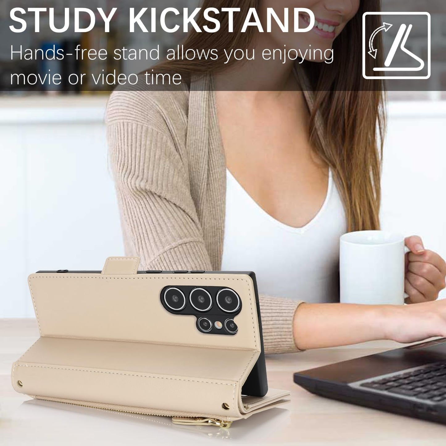 SunYoo for Samsung Galaxy S23 Ultra Wallet Case for Women,for Galaxy S23Ultra Case with Strap Crossbody Lanyard,Leather Shockproof Card Holder Stand Zipper Pocket Flip Phone Case Cream