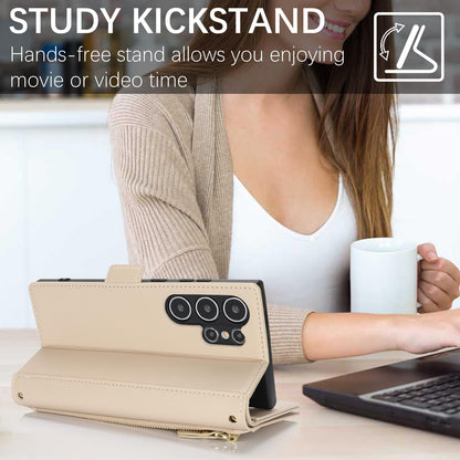 SunYoo for Samsung Galaxy S23 Ultra Wallet Case for Women,for Galaxy S23Ultra Case with Strap Crossbody Lanyard,Leather Shockproof Card Holder Stand Zipper Pocket Flip Phone Case Cream
