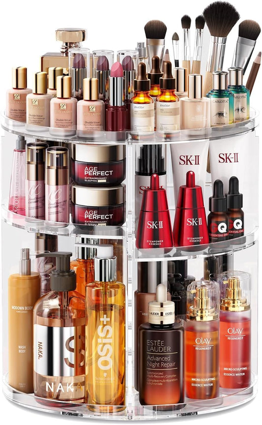 Auxmir 360° Rotating Makeup Holder, Multifunctional Makeup Organizer, Cosmetic Organizer 9 Adjustable Shelves, Large Capacity, Suitable for Cream Perfume Makeup Brushes (Transparent)
