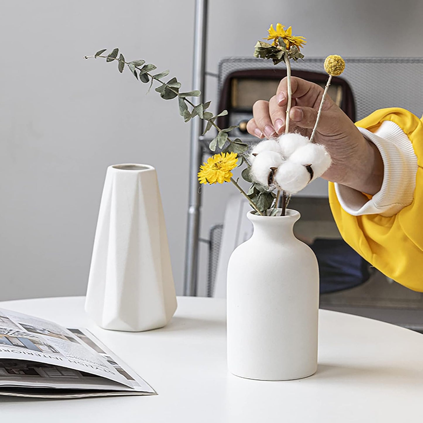 White Ceramic vases Home Decor 2pcs Small vase Set Boho vase Modern Farmhouse Decor (White)