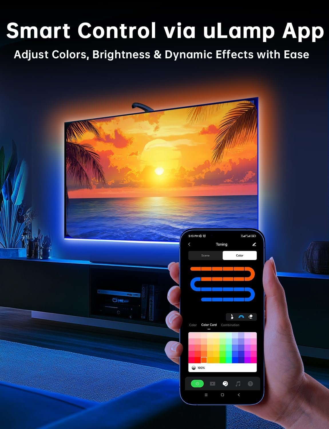 FFJ TV Lights That Change with TV, 18ft Cuttable TV LED Backlight for 75-85 Inch Screen and PC Monitor, TV Backlight with Sensor, Smart App Control, Game & Music Sync Color Changing Light