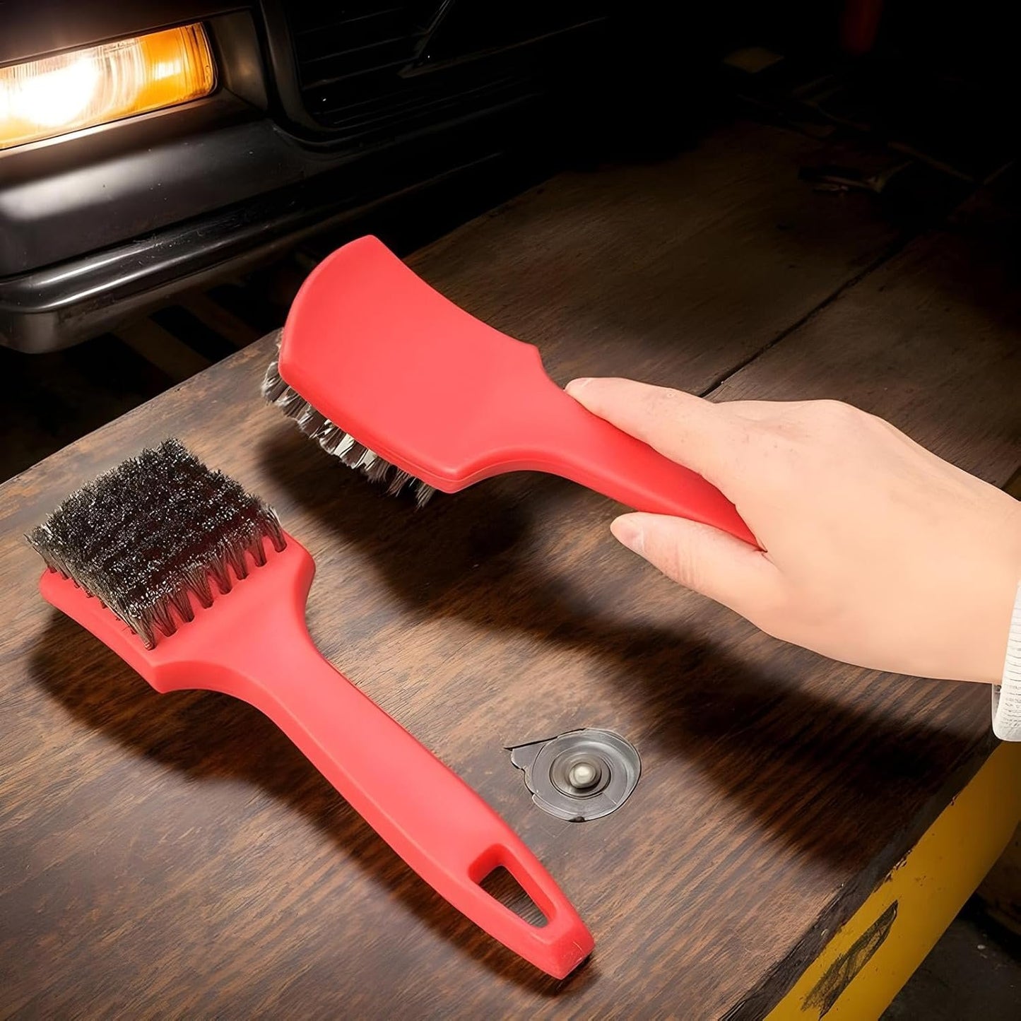 Car Wash Wheel Rim Brush, Steel Wire Wheel Cleaner Brush, Car Wheel Cleaning Brush, Heavy Duty Tire and Upholstery Cleaning Brush, Short Handle Tire Cleaner for Car Detailing