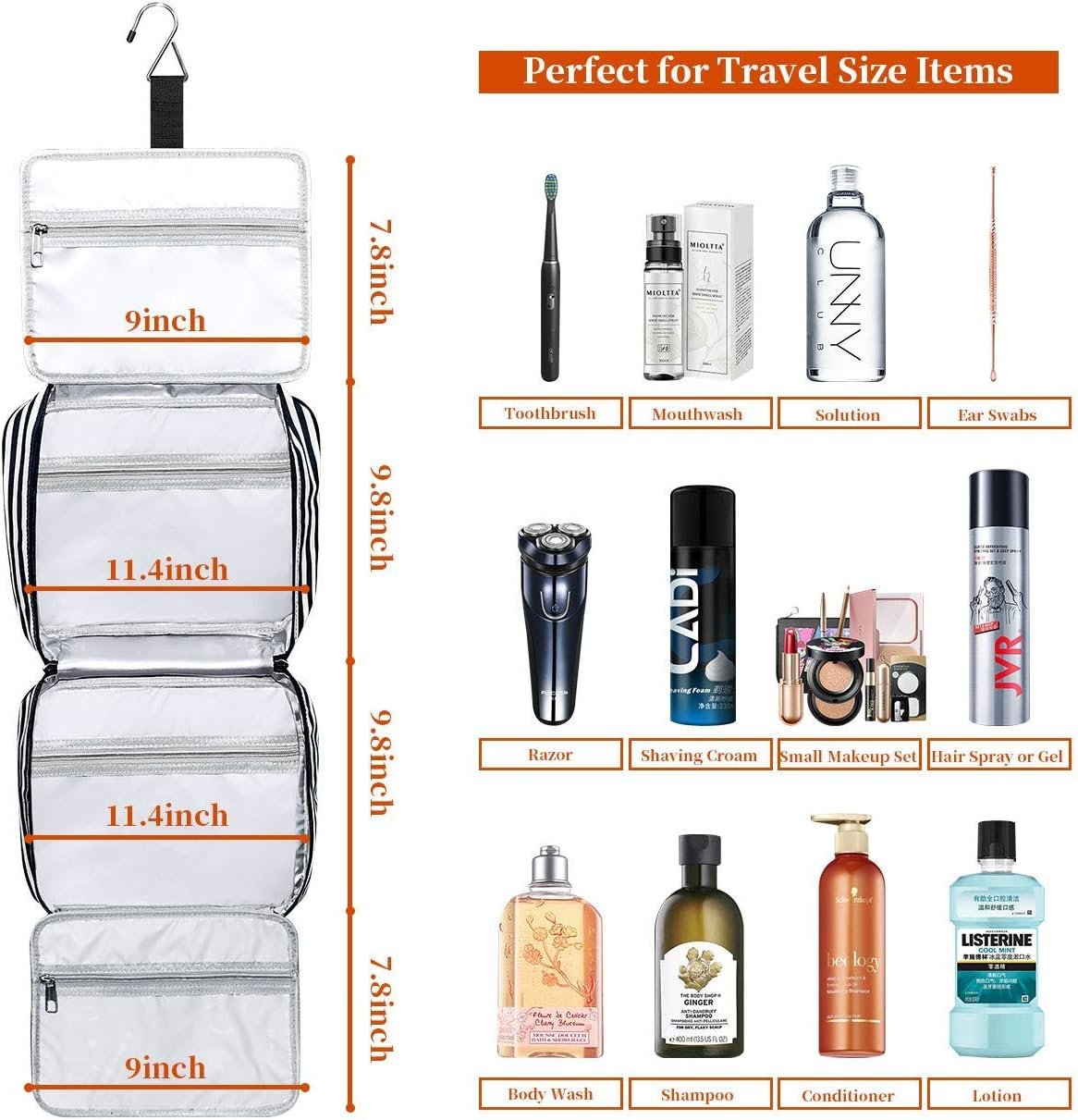 Bosidu Hanging Toiletry Bag for Women, Large Capacity Waterproof Travel Toiletry Bag with 4 Compartments & 1 Sturdy Hook, Ideal for Travel or Daily Use (Navy Blue & White Striped)