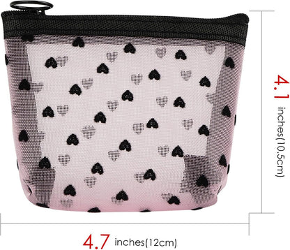 Adorila Mesh Makeup Bags, Heart Print Zipper Mesh Storage Pouch, Travel Cosmetic Accessories Organizer for Women, mini-set of 6