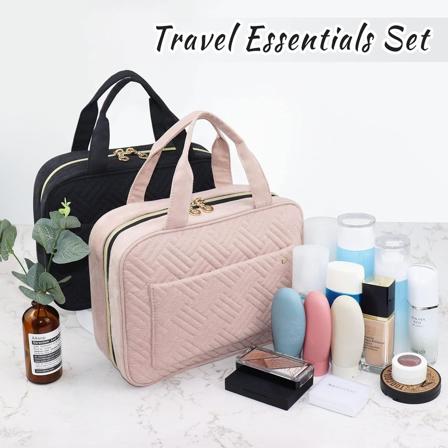 Hanging Toiletry Bag, Travel Makeup Bag, 4 Compartments Large Wash Bag, Portable Waterproof Cosmetic Toiletries Storage for Women (Pink)