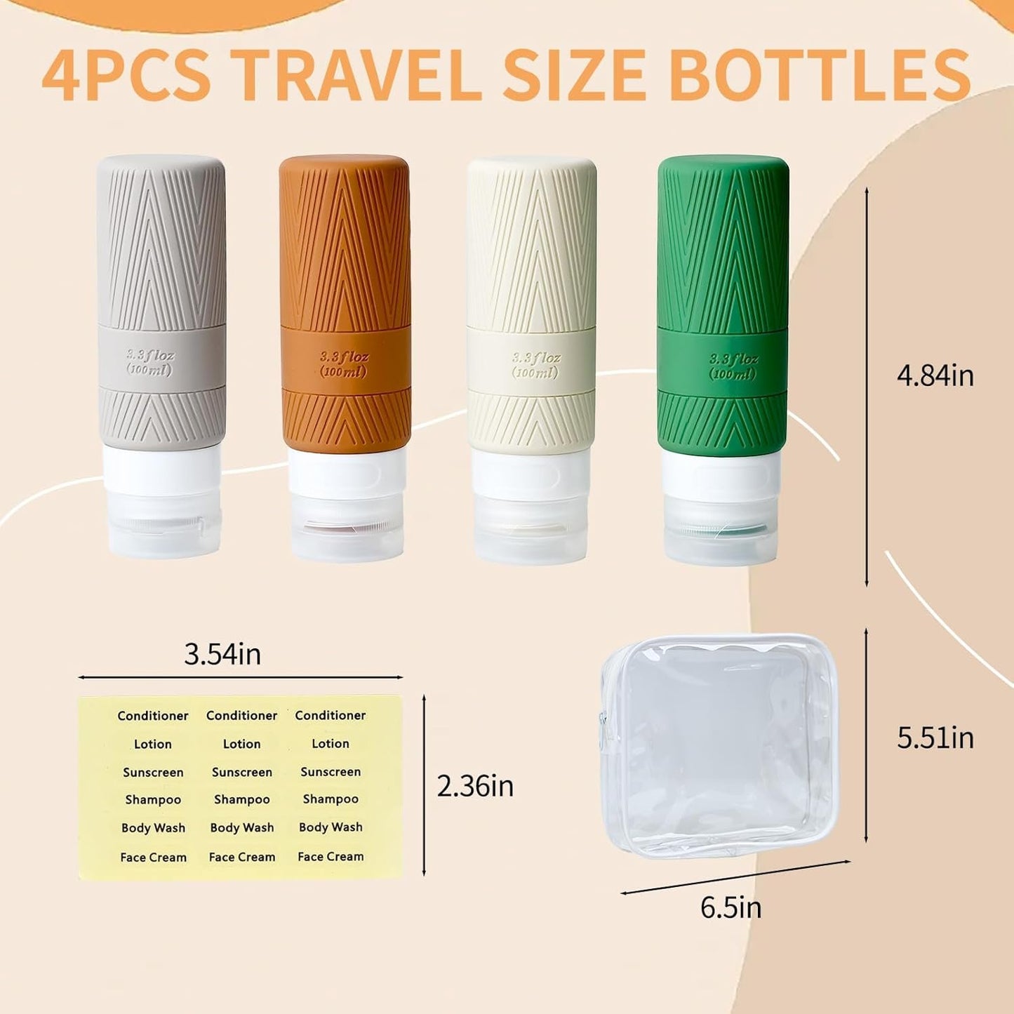 Travel bottles for Toiletries, 100ML TSA Approved Travel Size Toiletries BPA Free Travel Containers for Toiletries Leak Proof Refillable Silicone Travel Bottles