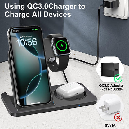 3 in 1 Wireless Charger Charging Station Foldable 15W Fast Charge Stand for iPhone 16 15 14 13 12 11 Pro Max XS XR 8 Plus,AirPods Pro2/4/3/2,Apple Watch Series 10/Ultra 2/9/8/7/6/SE/5/4/3/2,Black