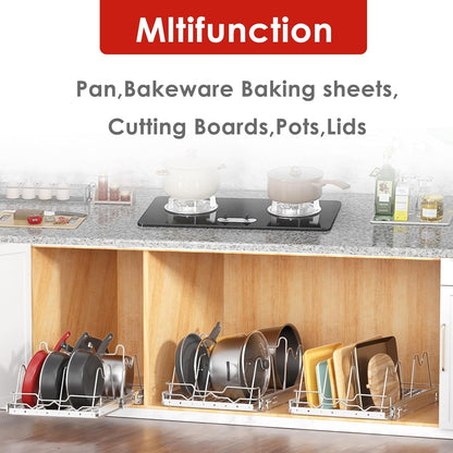 Bonadom Pull Out Pots and Pans Organizer Rack Under Cabinet Kitchen,Heavy Duty Wire Slide Out Cutting Board Shelf Bakeware and Tray Storage 11''W x 21''D x 8.5''H- Expandable Sliding Lid Holder