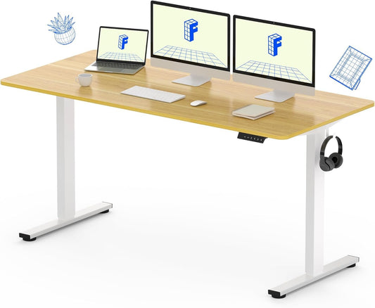 FLEXISPOT 60" Large Height Adjustable Desk, Electric Standing Desk Sit Stand up Desk for Home Office (60x24 inch Maple Desktop + White Frame, 2 Packages)