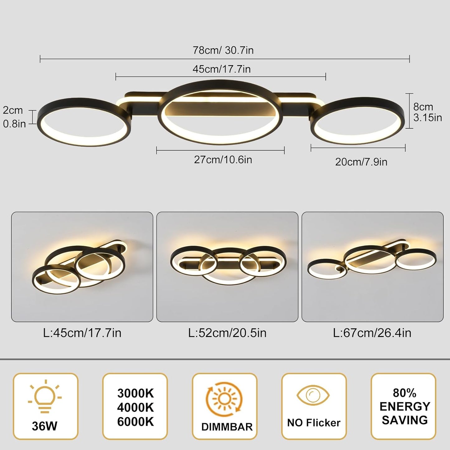Modern LED Ceiling Light, 36W 3000K-6500K, 3 Rings Round Design Bedroom Lighting, Interior Decorative Light with Remote Control APP Dimmable, Chandelier Lamp for Living Room, Office, Kitchen, Hallway