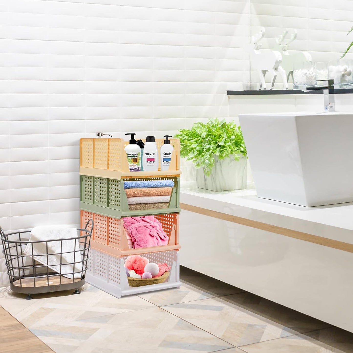 jocabo Folding Wardrobe Storage Shelf Baskets Box 4-Pack Plastic Drawer Organizer Stackable Cloth Closet Container Bin Cube Home Office Bedroom Laundry Drawer Crate Book Goods Organization -Colorful