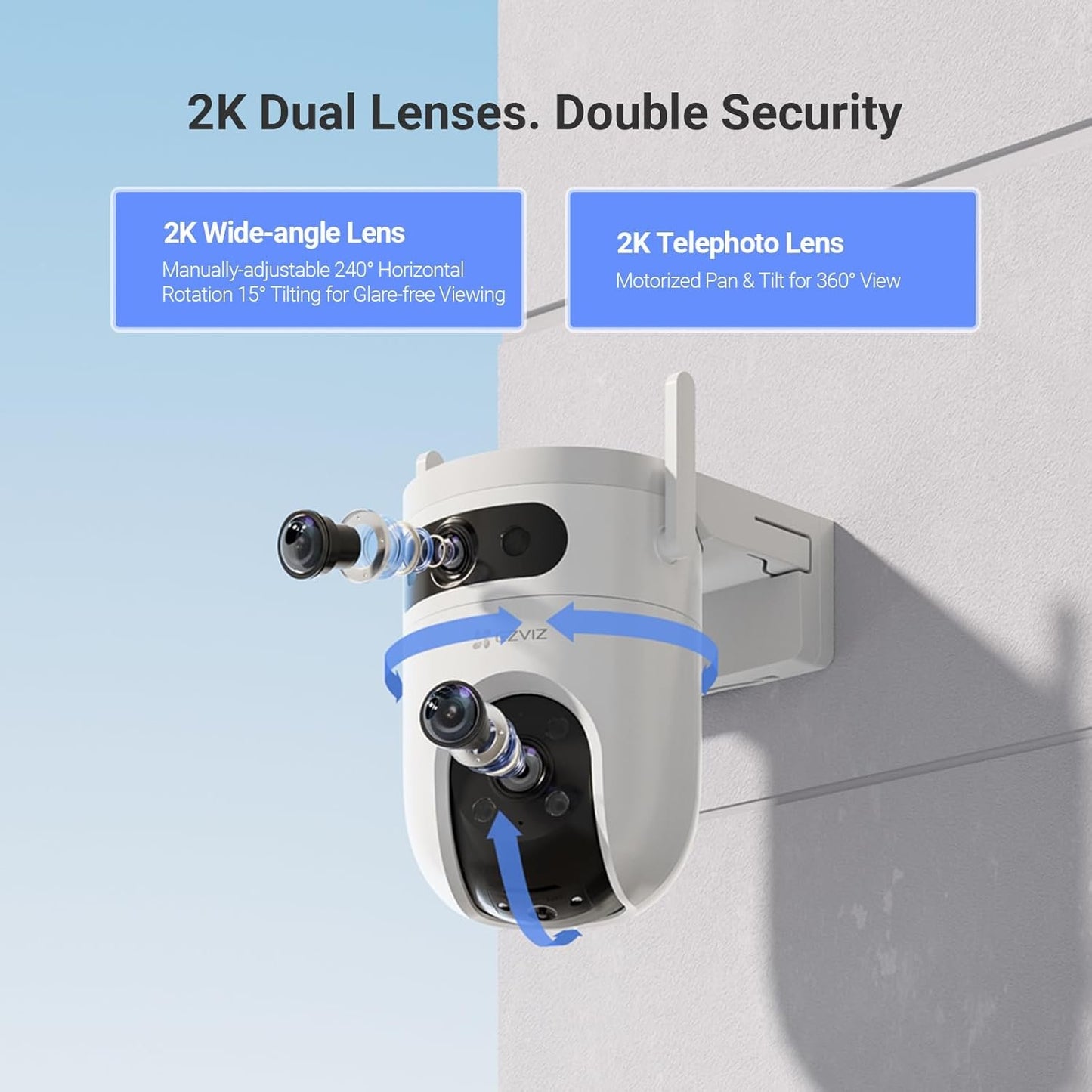 EZVIZ H9c 2K Dual-Lens Outdoor Security Camera, 360Â° PTZ WiFi Home Surveillance Camera, Human/Vehicle Detection, 40M Color Night Vision, Waterproof, Enhanced Dual Wi-Fi Antennas