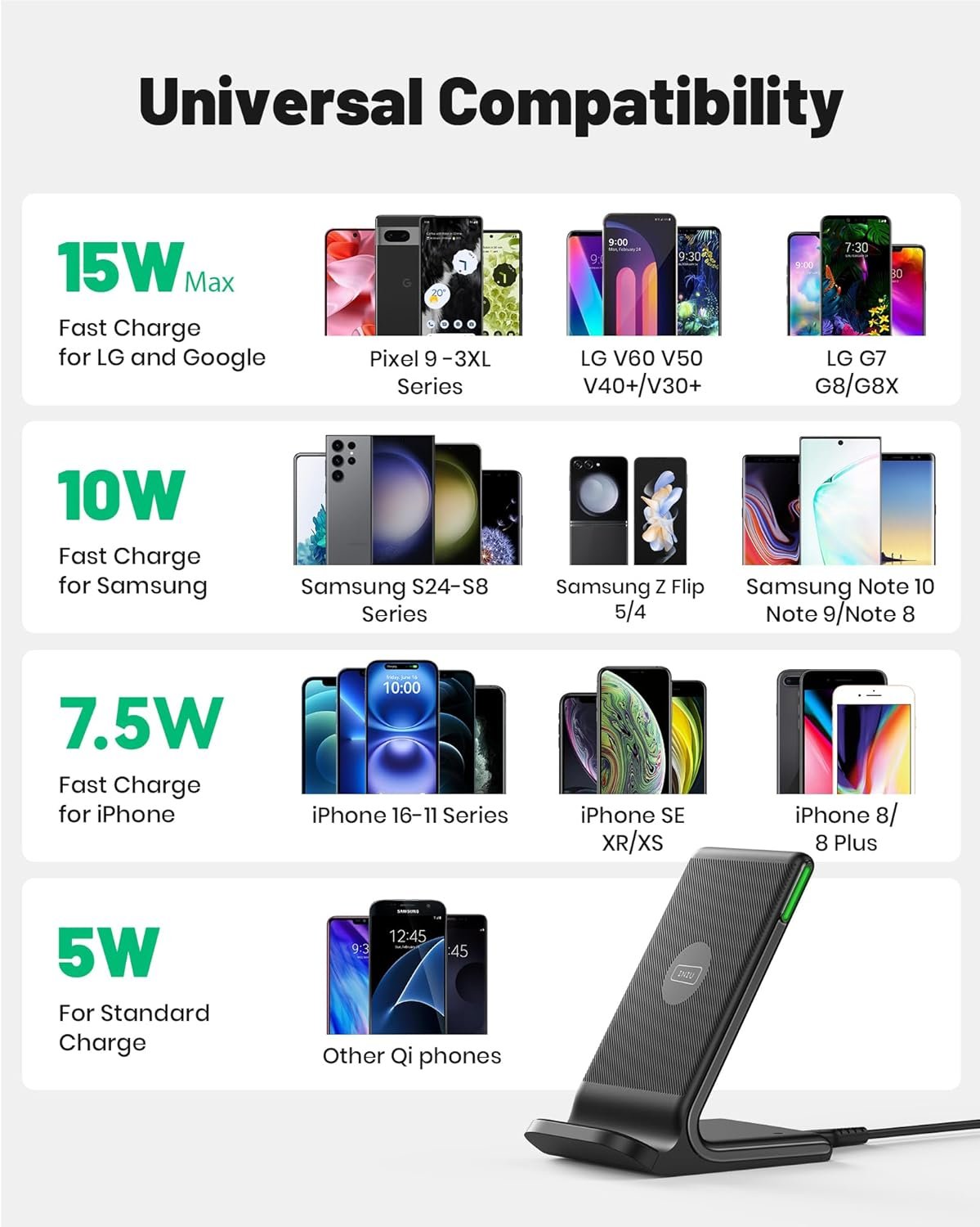 INIU Wireless Charger, 15W Qi-Certified Fast Charging Station, Wireless Charging Stock with Sleep-Friendly Adaptive Light Compatible with iPhone 16 15 Pro Max Samsung Galaxy S25 S24 Ultra Google Pixel