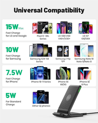 INIU Wireless Charger, 15W Qi-Certified Fast Charging Station, Wireless Charging Stock with Sleep-Friendly Adaptive Light Compatible with iPhone 16 15 Pro Max Samsung Galaxy S25 S24 Ultra Google Pixel